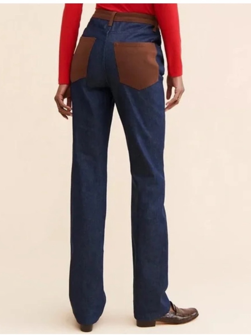 WeWoreWhat || Icon Color Block Two-tone Straight Jeans Indigo Blue Brown 26